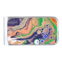 Blue, Coral and Green Pour Painting Fluid Art  Silver Finish Money Clip