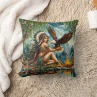 Native American Woman With Eagle By Tranquil River Throw Pillow