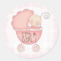 It's a Girl! Pink Baby Buggy Announcement Classic Round Sticker