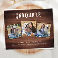 Budget Rustic Wood 3 Photo Graduation Announcement