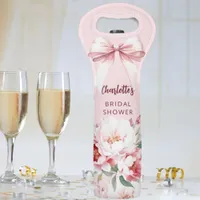 Pink bow florals bloom Bridal Shower Wine Bag