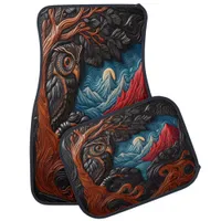 Colorful Owl and Mountains Under a Vivid Sky Car Floor Mat