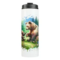 Cute Watercolor Bear and Cub Thermal Tumbler