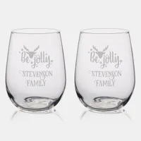 Monogram Christmas - Family Name Be Jolly Etched  Stemless Wine Glass