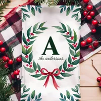 Holiday Wreath Monogram Personalized Christmas Kitchen Towel