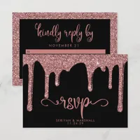 Chic Black Rose Gold Glitter Sparkle Wedding RSVP Card