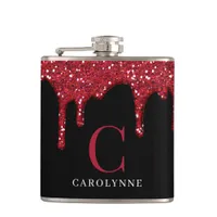 Chic Black Red Sparkle Glitter Drips Monogram Flask