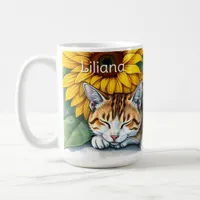 Sweet Sleepy Kitty Cat and Sunflowers Personalized Coffee Mug