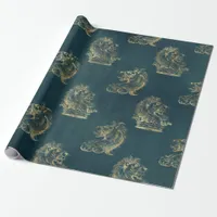 Teal and Gold Heraldic Lion Wrapping Paper