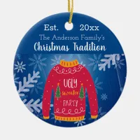 Family Christmas ugly sweater red blue monogram Ceramic Ornament