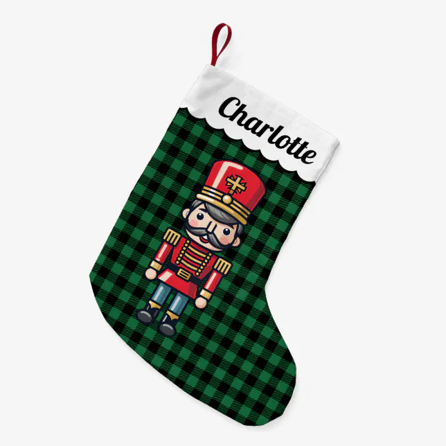 Green Buffalo Check Plaid Nutcracker Monogram Name Small Christmas Stocking