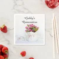Teapot with Pink Roses Quinceañera Napkins