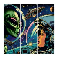 Woman Astronaut Meets Extraterrestrial Alien Triptych