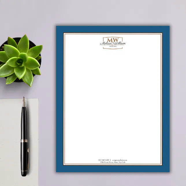 Simple Blue White Monogram Business Letterhead