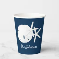 Navy Blue Beach Starfish Sand Dollar Personalized Paper Cups