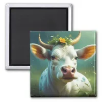 Cute White Ai Cow with Horns and Flowers Magnet