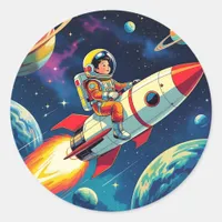 A Comic Book style Boy on a Rocket in Space Classic Round Sticker