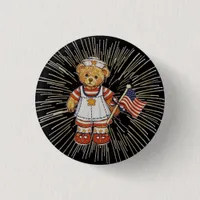 Vintage Nurse Bear with Modern White Fireworks Pinback Button