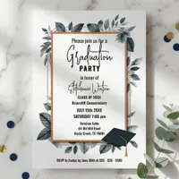 Slate Blue Watercolor Leaves Geometric Graduation Invitation
