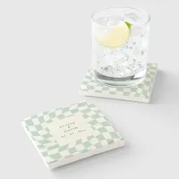 Retro Groovy Green Checkerboard Wedding Stone Coaster