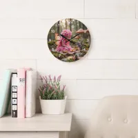 Cute Pink Pixie and Mouse Picnic Large Clock