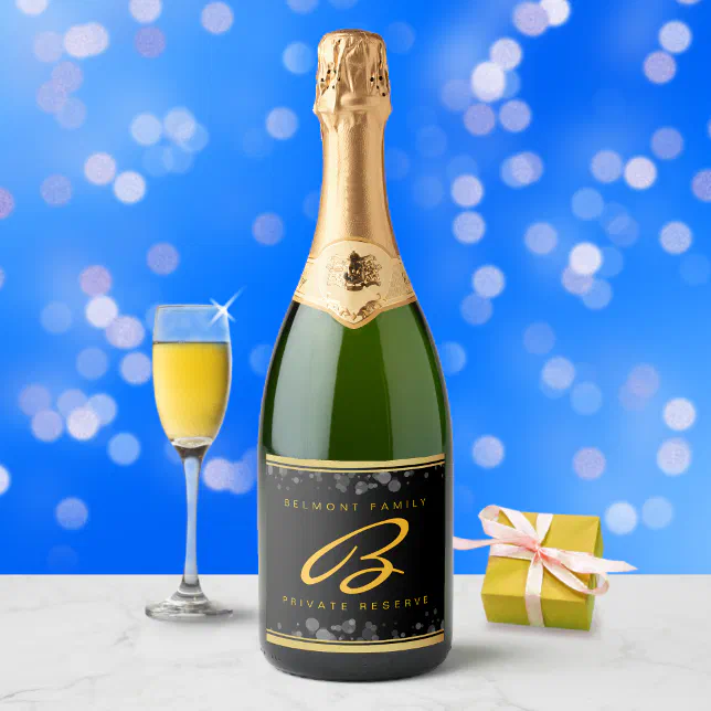 Elegant Gold Foil Silver Confetti on Black Sparkling Wine Label