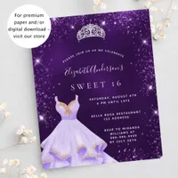 Sweet 16 purple glitter dress budget invitation flyer