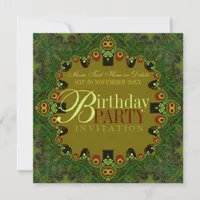 Green Bohemian Tapestry Birthday Party Invitations