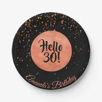 30th birthday black rose gold confetti hello 30 paper plates