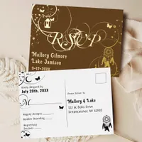 Wedding RSVP Whimsical Boho Brown and Gold  Foil Invitation Postcard
