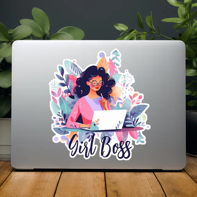 Cute Cartoon Woman in Laptop with Flowers Custom Sticker