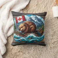 Beaver on Raft With Flag in River Throw Pillow