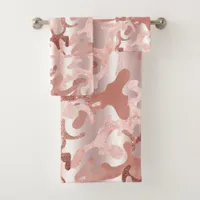 metallic rose gold glitter + blush pink camo print bath towel set