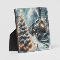 Old-Fashioned Train and Vintage Winter Scene Plaque