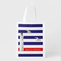 Lighthouse blue white nautical stripes grocery bag