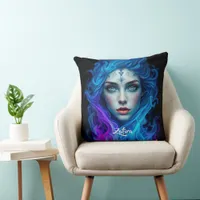 Mystery Woman Emerging from Blue & Purple Flames Throw Pillow