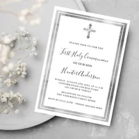 First Communion white silver cross luxury Invitation