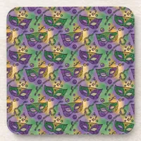 Mardi Gras Masks and Beads Purple Green Yellow Beverage Coaster