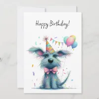 Scruffy Dog in a Birthday Party Hat Balloons Flat Card