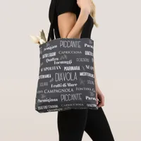 Typographic Black and White Pizza Names Tote Bag