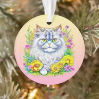 Persian Cat in Flowers Personalized Christmas Ornament