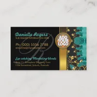 Teal Gold Black Pattern + Logo Dark Business Cards