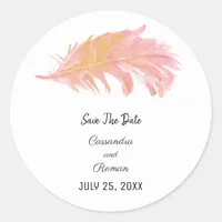 Pink and Gold Feather Save The Date Classic Round Sticker