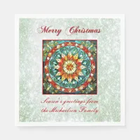 Green Glitter Effect Stained Glass Floral Mandala Napkins