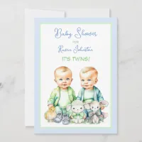 Blue and Green Twin Boys Baby Shower Invitations