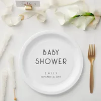 Modern Simple Text Black and White Baby Shower Paper Plates
