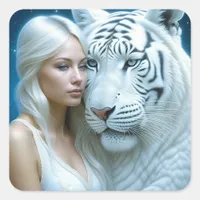 Mystical White Tiger and Woman Square Sticker