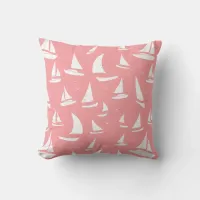 Sailboats Pink and White Coastal Pattern Throw Pillow