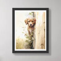 Cute Puppy Dog Peering Around a Wall AI Assist  Framed Art