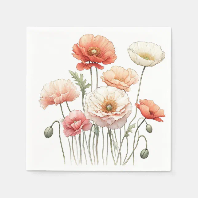 Watercolor Poppies Orange Poppy Flower Cocktail Napkins